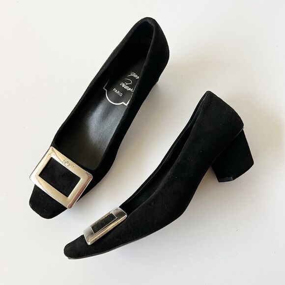 Roger Vivier Shoes - Roger Vivier Trompette Heels Pumps Black Suede Buckle Low Block Heel Size 6